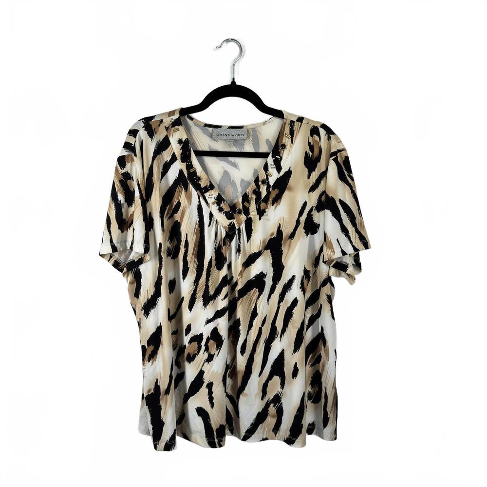 Samantha‎ Grey Women's Animal Tiger Print V-Neck Top XL